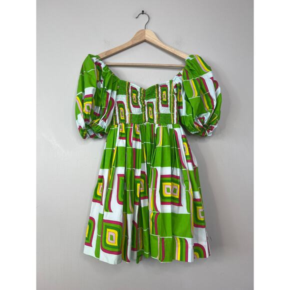 NEW S/W/F Puff Sleeve Babydoll Geometric Ruched Mini Dress Green Chartreuse - Picture 3 of 9